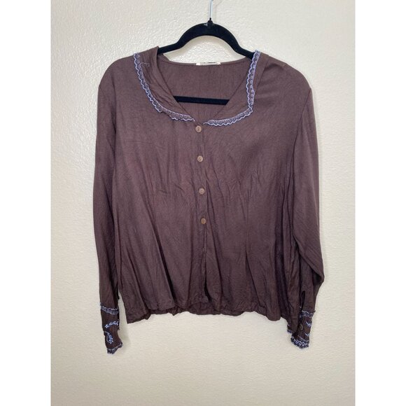Vintage April Cornell Womens Brown Blouse L Long Sleeve Button-Up rayon - Picture 1 of 5